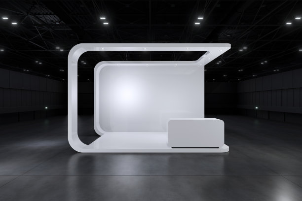 空展代表模型和企业形象，展示设计。空的展台设计。展厅零售摊位元素。设计贸易展。空白展位系统图形资源。3d背景在线活动，会议，现场。3 d渲染。图片下载