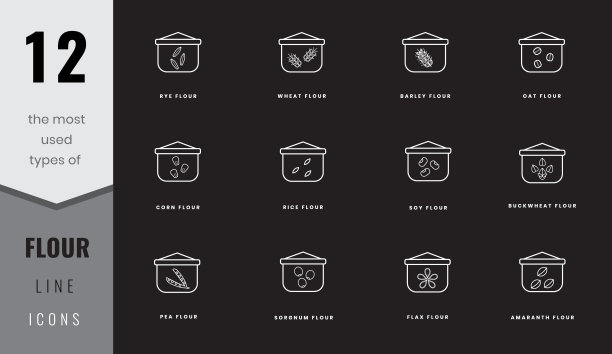 最常用的面粉线条图标类型。黑麦，小麦，大麦，大豆，水稻和玉米，亚麻，苋菜，燕麦，荞麦，豌豆和高粱。在线条艺术，轮廓，固体，彩色风格。用于网站设计、手机应用、软件图片下载