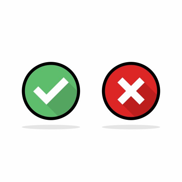 检查和错误标记，勾选和交叉标记，接受/拒绝，批准/不批准，是/否，对/错，绿色/红色，正确/错误，Ok/不Ok -矢量标记符号，绿色和红色。黑色描边和阴影设计。孤立的图标。图片下载