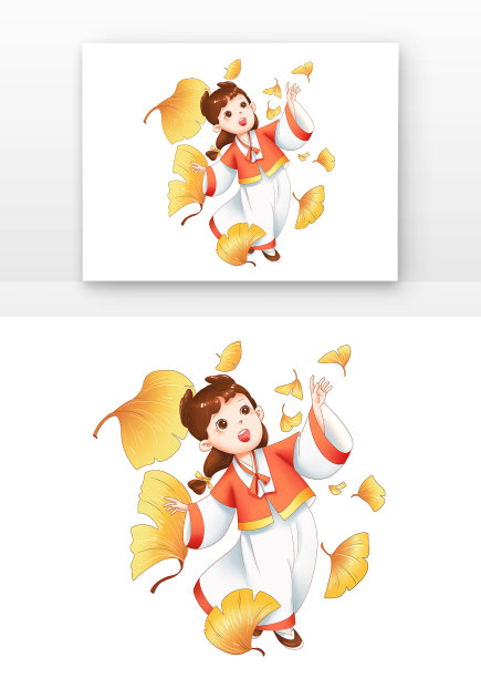 二十四节气秋分古风可爱女孩和秋天银杏叶图片下载