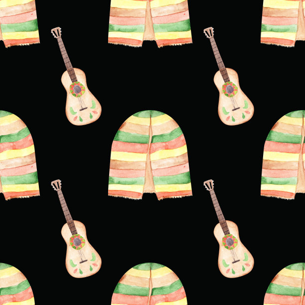 黑色背景上的墨西哥雨披和吉他无缝图案。水彩拉丁条纹服装和乐器插图。嘉年华无休止的打印。墙纸。图片下载