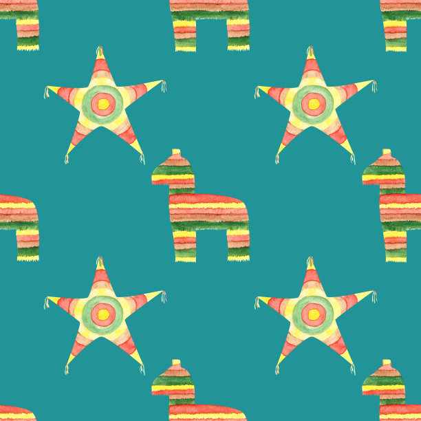生日彩罐在蓝色背景上无缝图案。水彩马和星形皮纳塔无尽打印。墨西哥方背景。嘉年华墙纸。图片下载