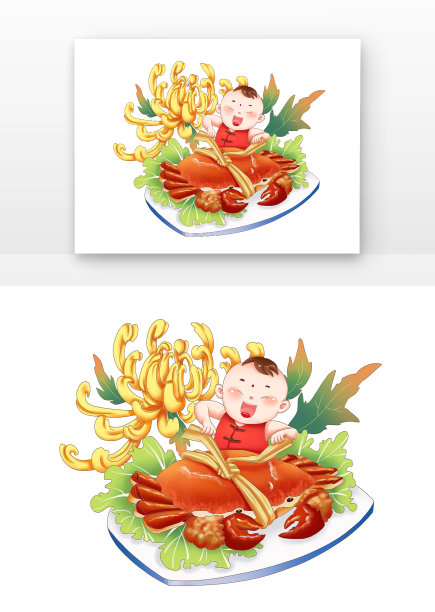 秋天秋分菊花喜庆儿童吃螃蟹吃节令节气食物图片下载
