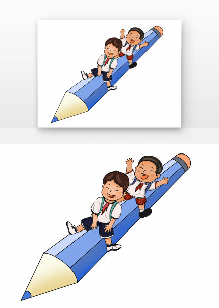 蓝色可爱开学季孩子穿校服坐在铅笔上图片下载