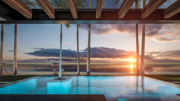 3d渲染现代住宅与木板立面的大海或海洋在日落图片下载