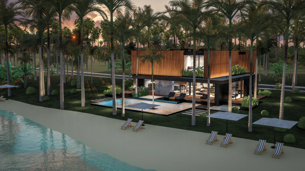 3d渲染现代住宅与木板立面的大海或海洋在日落图片下载