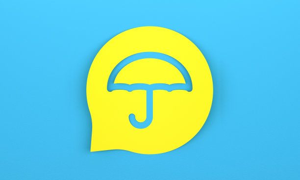 蓝色背景上带有雨伞图标的黄色语音泡泡图片下载