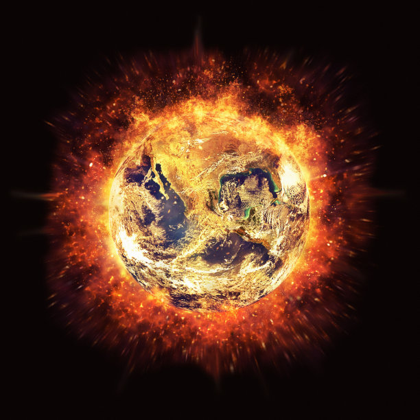 燃烧的地球：被火焰和爆炸包围的世界卫星视图，代表全球变暖或战争图片下载