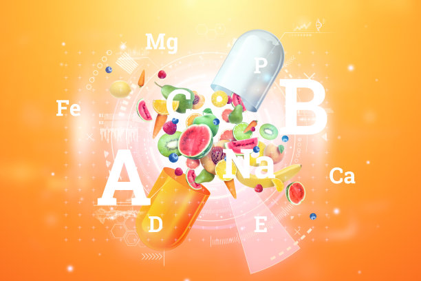水果和维生素、营养补充剂以药用胶囊和胶囊的形式直接飞出。正确的饮食，饮食，替代药物，维生素。3D插画，3D渲染。图片下载