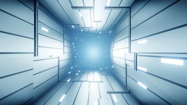 抽象背景3D渲染。科幻霓虹灯在明亮的走廊上发光。中间空白的背景。图片下载