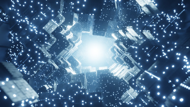 抽象背景3D渲染。4D科幻城市。科幻霓虹灯在明亮的走廊上发光。中间空白的背景。图片下载