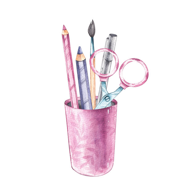 水彩玻璃带文具回学校图片下载