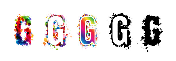 字母G带有彩虹和黑色油漆飞溅的装饰元素。七彩G字徽章收藏。矢量插图在艺术风格。图片下载
