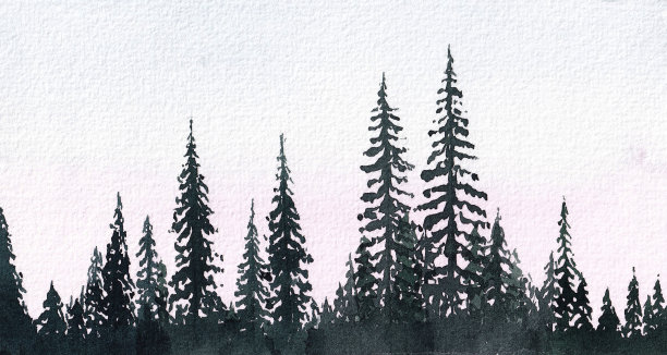 水彩手绘风景。轮廓的树木。图片下载