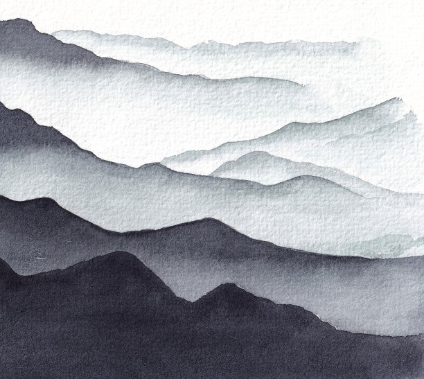 手绘水彩画雾山。单色山脉和雾的景观。图片下载