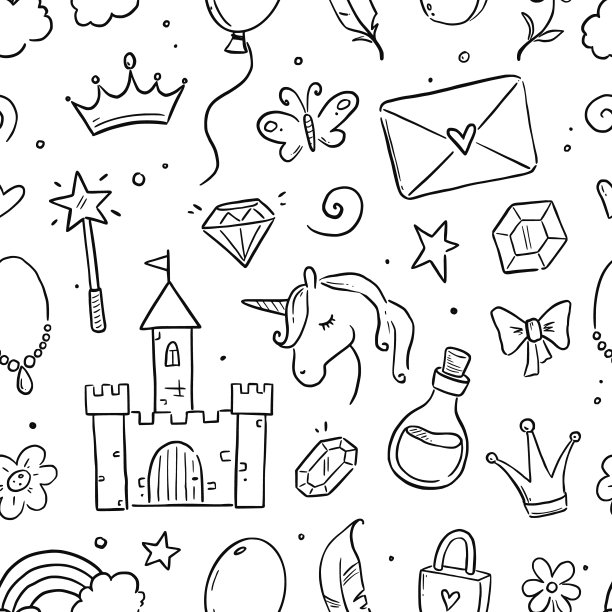手绘公主涂鸦无缝图案。美丽图案配可爱的女孩公主配饰，童话独角兽，城堡。涂鸦背景,墙纸。图片下载