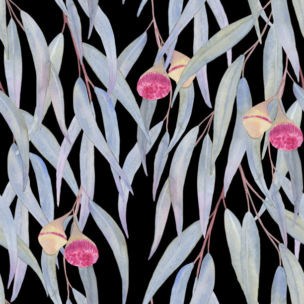 尤加利树枝上有叶花无缝的图案。手绘插图的药用树细枝。没完没了的树叶背景。用于布料和墙纸。图片下载