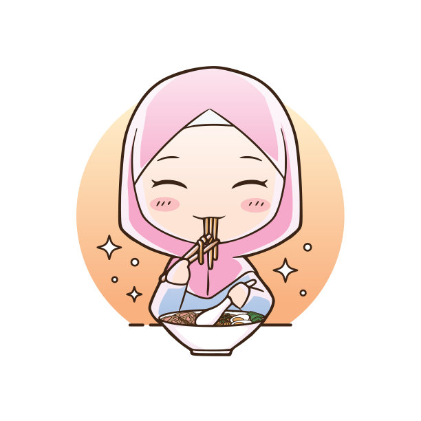 可爱女孩吃清真拉面吉祥物标志食品图片下载