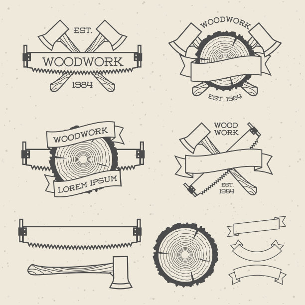 木标配锯子、斧头、树轮。海报、邮票、横幅和设计元素。孤立在白色背景。木制品和制造标签模板。矢量插图。图片下载