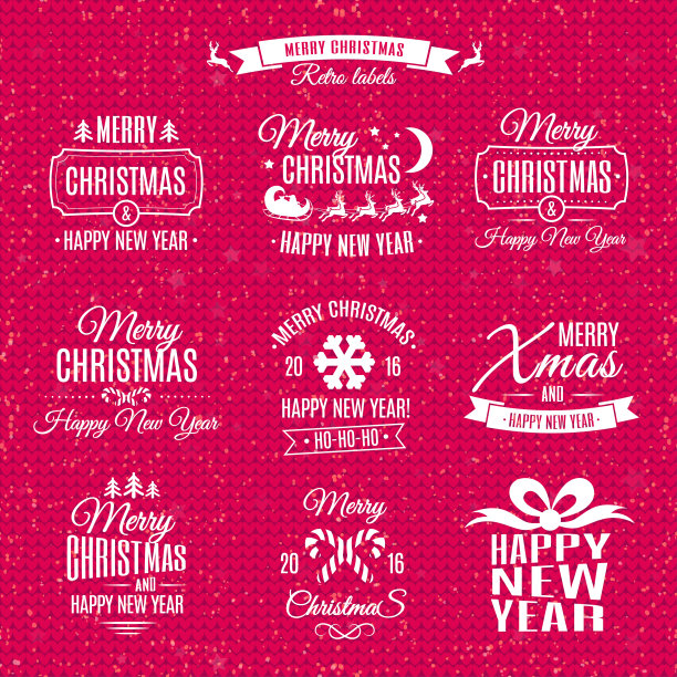 圣诞标签元素集白色色彩与圣诞老人和鹿，圣诞球，雪花，礼物，甜蜜的节日针织背景。圣诞节的象征。新年快乐。圣诞装饰元素图片下载