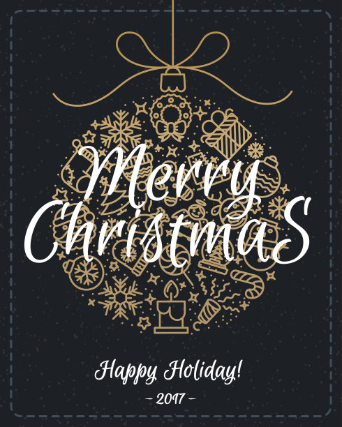 圣诞贺卡与金色的圣诞球组成的圣诞线图标，并签署圣诞快乐，快乐的假期，在雪天假期的背景。圣诞节的装饰元素。股票向量图片下载