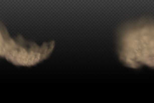 一团棕色的尘土和沙尘，还有飞扬的干沙尘和尘土。在尘土飞扬的道路或高速公路上行驶时留下的痕迹。一股股黑烟。透明背景上的现实插图。图片下载