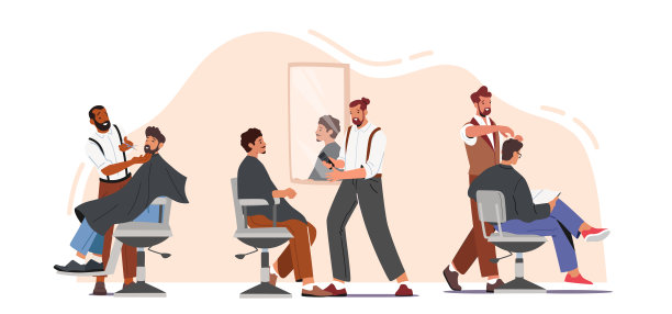 拜访理发店的男性角色。美发师在男士美容院为客户理发图片下载