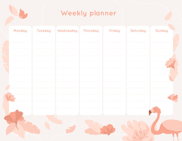 每周计划模板与火烈鸟，花和树叶。图片下载