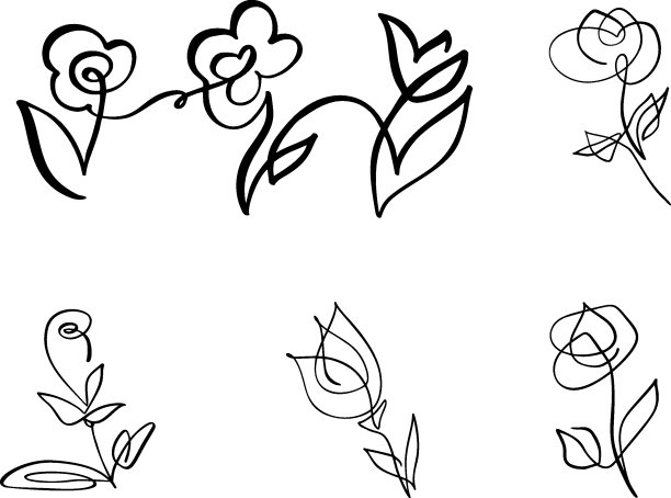 连续线艺术绘制矢量书法花标志。黑色素描图标的植物孤立在白色背景。一条线插画极简版画图片下载