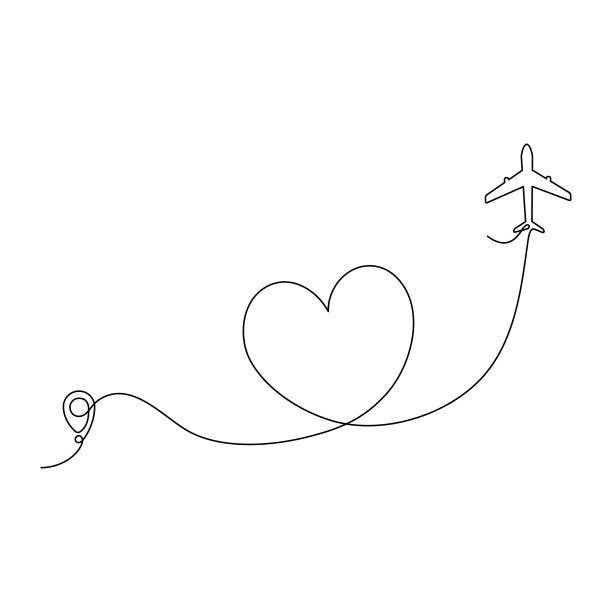 用心形图钉指针绘制飞机连续线图。图片下载