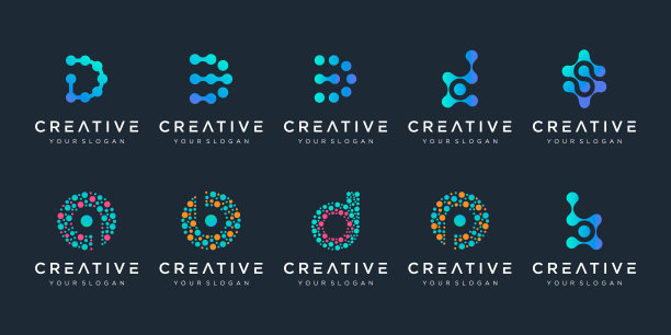 一套创意字母d和b标志与点风格。通用彩色生物技术分子原子DNA芯片符号。本标志适用于科研、科学、医学、标志类型、技术、实验室、图片下载