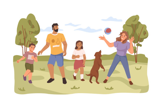 父母和孩子在公园外面和狗狗玩球。父亲和母亲带着孩子，在草地或后院养宠物。平面卡通，矢量在平面风格图片下载