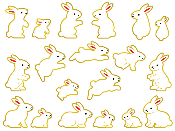 插图套装的父母和孩子的白色兔子与黄金轮廓图片下载