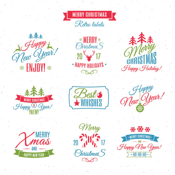 圣诞标签元素向量集色彩风格与圣诞老人和鹿，圣诞球，雪花，礼物，甜蜜的节日背景。圣诞节的象征。新年快乐。圣诞节的装饰元素。图片下载
