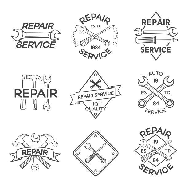 一套维修和汽车服务标签孤立在白色背景。邮票，横幅和设计元素为您的业务。矢量图图片下载