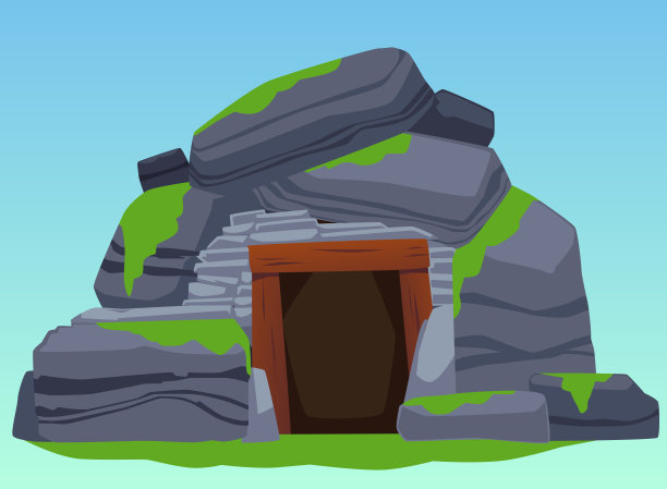 石洞的入口长满苔藓，平面矢量插图孤立。图片下载