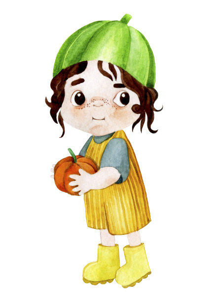 以秋天、感恩节、万圣节为主题的水彩画。可爱的宝宝角色与南瓜。宝贝说明图片下载