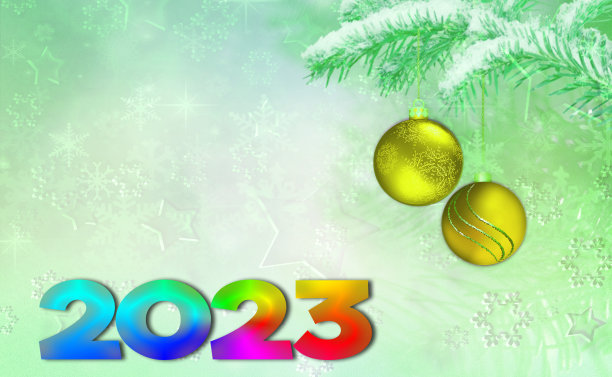2023年圣诞快乐，新年快乐。淡绿色阴影背景与冷杉树枝和圣诞球。图片下载