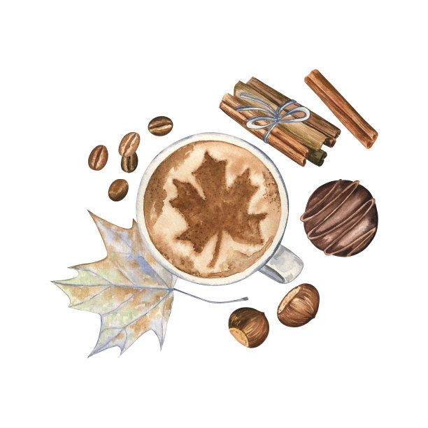 秋天静物与一杯咖啡，枫叶，肉桂，巧克力，咖啡豆和栗子，水彩插图图片下载