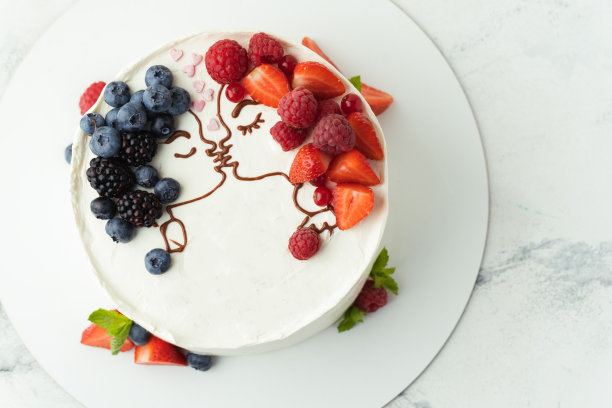 婚礼蛋糕，白色奶油芝士糖霜装饰蓝莓、草莓和覆盆子。一对相爱的情侣接吻的剪影。情人节蛋糕。庆典蛋糕图片下载