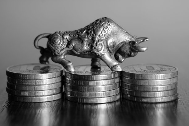 黑色和白色背景的硬币金属公牛。图片下载