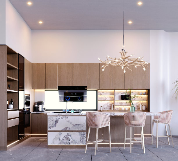 3d渲染，3d插图，室内场景和模型，厨房和餐厅角落。图片下载