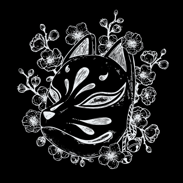 Kitsune面具与樱花手绘矢量插图。传统的日本魔鬼。纹身打印。手绘插图用于t恤印花、织物等用途。图片下载