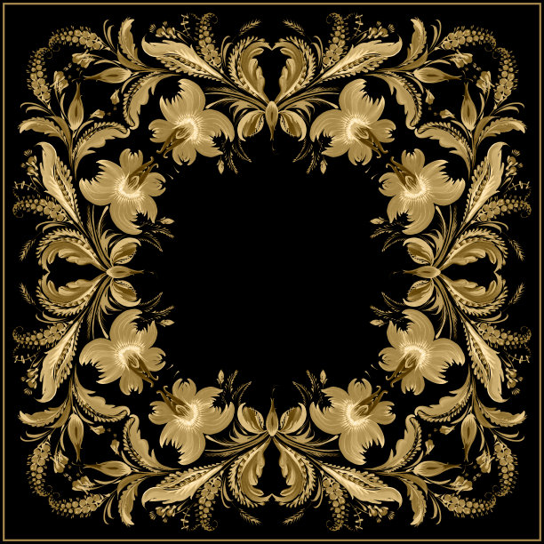 乌克兰民间绘画风格Petrykivka的蜡染花卉图案披肩，地毯，手帕，瓷砖，邀请卡框架与金色的花朵，树叶，树枝在黑色的背景图片下载