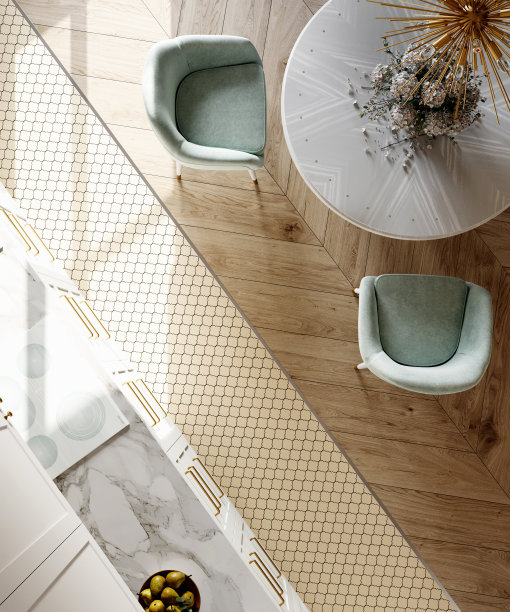 厨房地板设计中瓷砖与拼花地板的结合。前视图。3 d渲染。图片下载