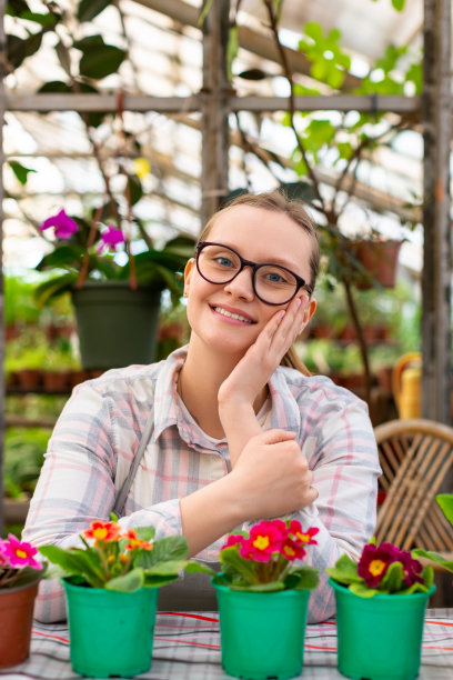 竖版照片：年轻女子在温室中手持鲜花，面带微笑看向镜头图片下载