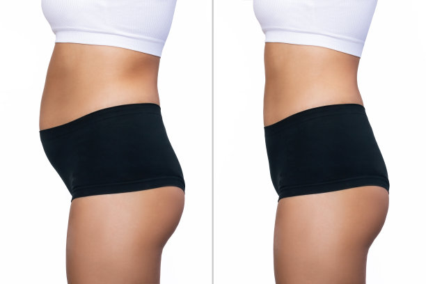 两张年轻女性的侧面照片，腹部有多余的脂肪和健美的腹部图片下载