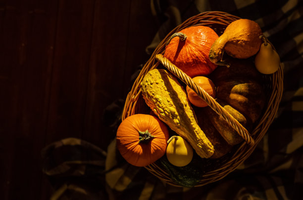 篮子里装着感恩节用的漂亮南瓜。图片下载
