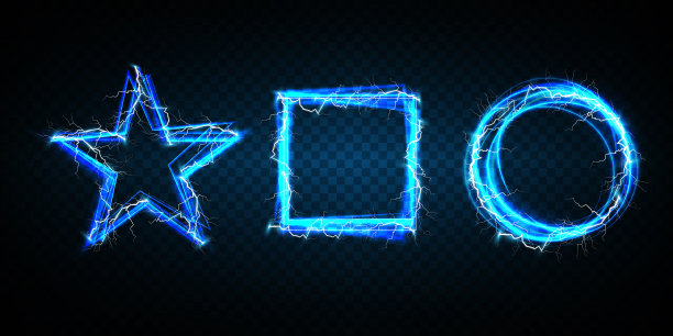 发光的蓝色魔法灯框，闪电。边界，角落和分隔物。蓝色星框，矩形和椭圆形闪光形状闪光和闪电向量设置。豪华闪亮的元素图片下载