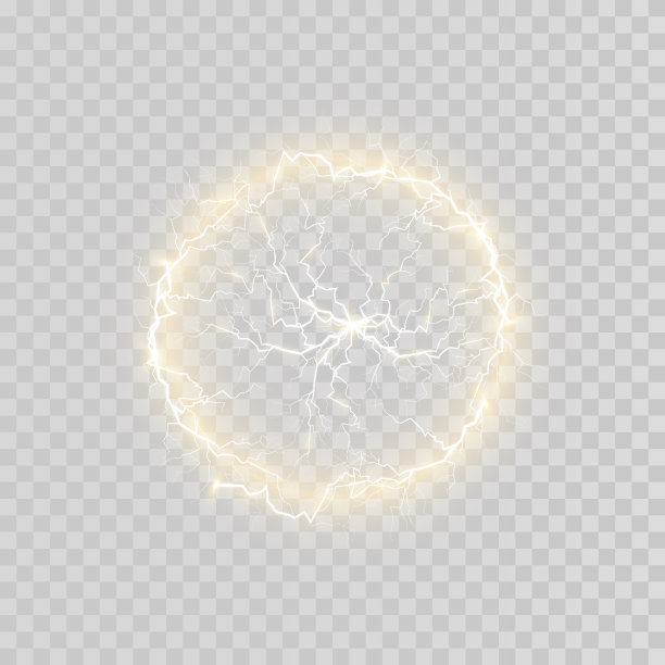 透明背景上的球状闪电。矢量插图，抽象的闪电在金色。闪电，雷声，火花。图片下载